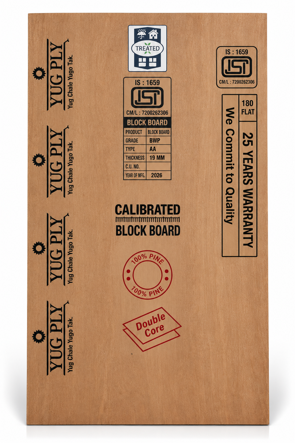 Yug Plywood 19 mm BWP Grade Block Board | 8 x 4 Feet | Block Board Sheet | Pack of 1